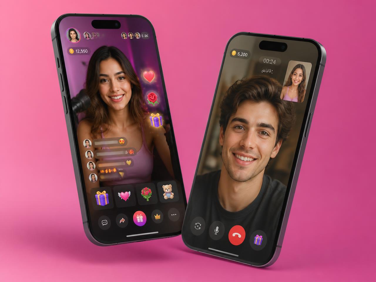 Chamet app live streaming room and 1-on-1 video call screens
